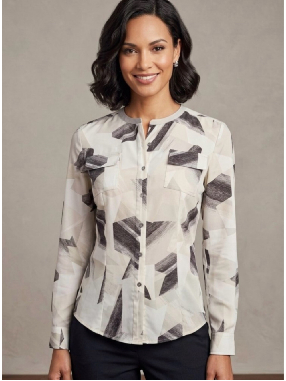 Calvin Klein Geometric Print Blouse White Black woman’s Size XS 2048